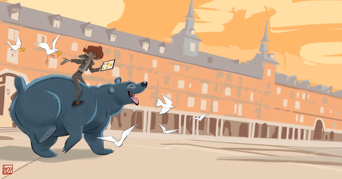 Dibujo niña sobre oso corriendo por plaza
